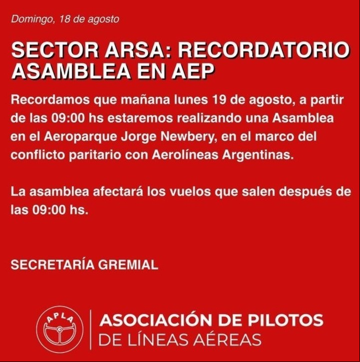 Anuncio APLA sobre la asamblea a llevarse a cabo este lunes en Aeroparque.