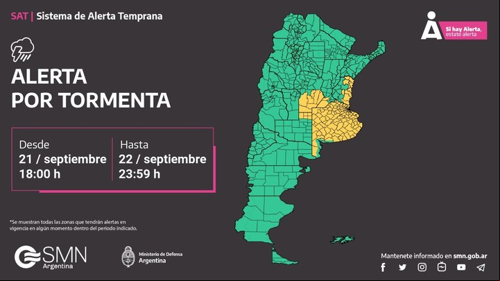 Alerta amarilla por tormenta en la Ciudad, Buenos Aires, Córdoba, Entre Ríos, Santa Fe y La Pampa.