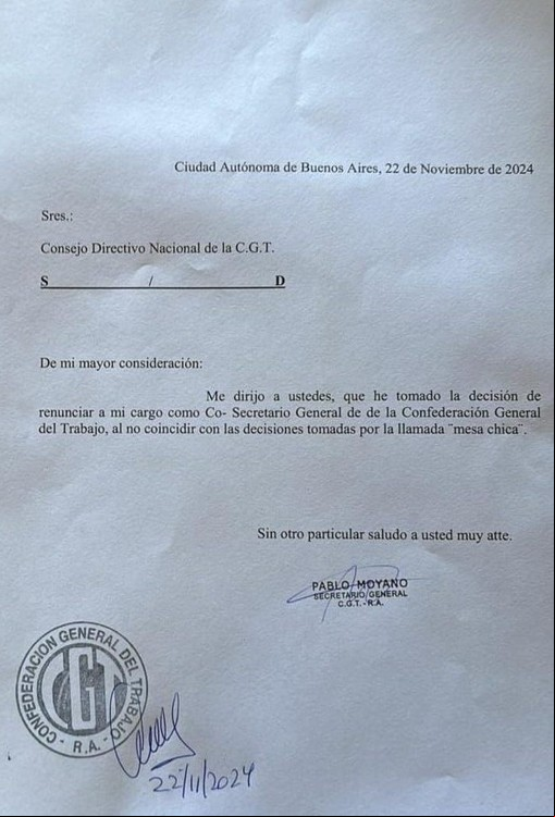 La carta de renuncia de Pablo Moyano.