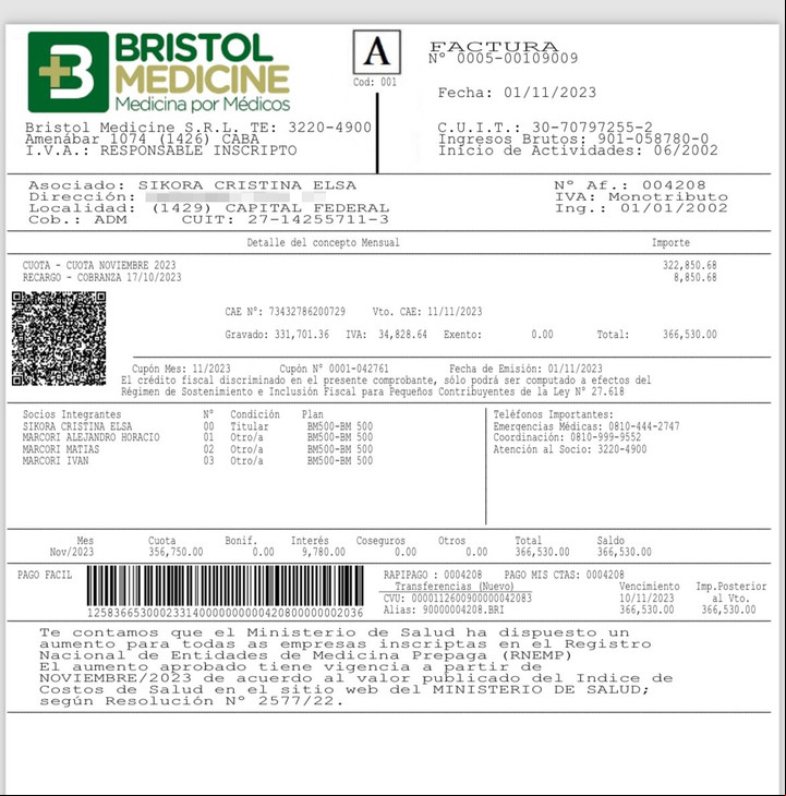 La factura abonada de la misma familia hace un año, con un recargo por mora en la cuota de 322.850 pesos.