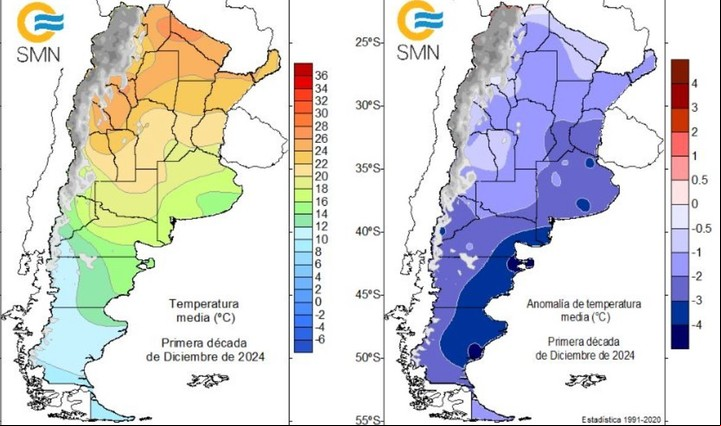 El mapa de temperaturas medias para los primeros días de diciembre y su comparación con lo que sucedió este año según datos del SMN.