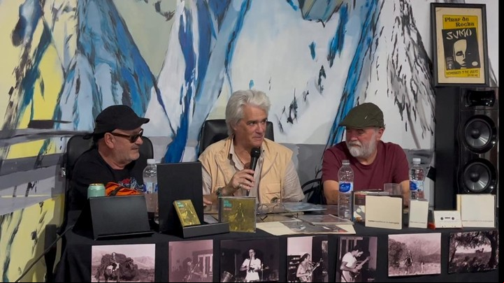 Germán Daffunchio, Roberto Pettinato y Timmy McKern en la presentación del vinilo de "Time fate love", de Luca Prodan.