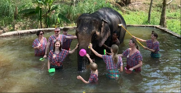 Bañar a un elefante es una actividad turística popular en Tailandia.