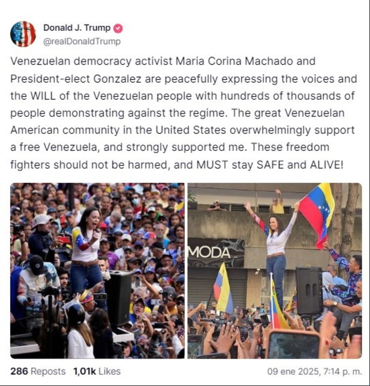 Fuerte respaldo de Donald Trump a María Corina Machado y Edmundo González: "¡Deben permanecer seguros y vivos!""