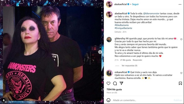 Alaska, la vocalista de Fangoria, despidió a Kike en redes.