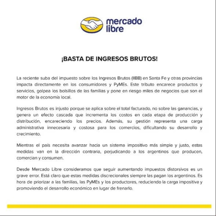 El comunicado de Mercado Libre contra el impuesto a los Ingresos Brutos de las provincias.