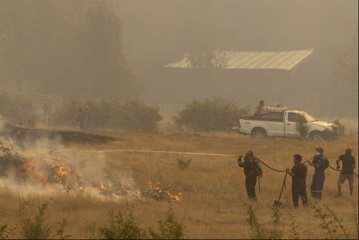 Brigadistas y vecinos organizados intentan apagar el incendio en la Loma del Medio, El Bolsón. Foto: Euge Neme