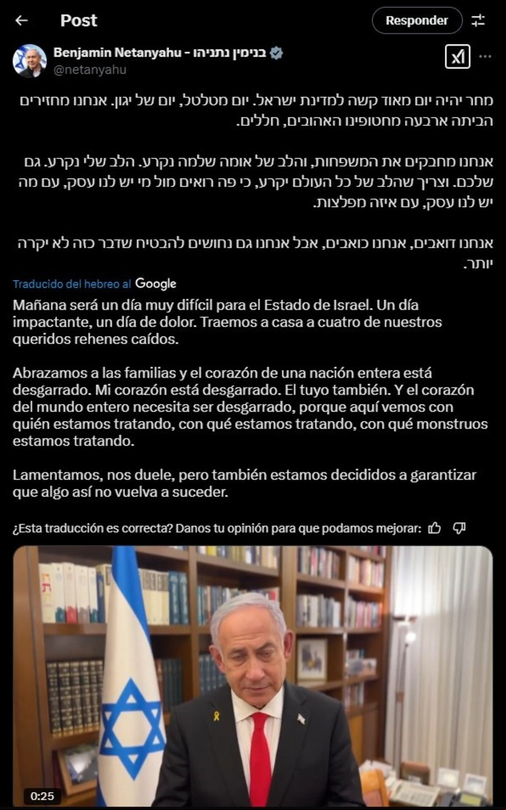 Israel confirmó que Hamas entregará los cuerpos de la familia Bibas. Captura X