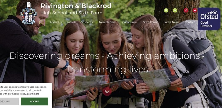 Captura del sitio web del Rivigton y Blackrod High School en Reino Unido.