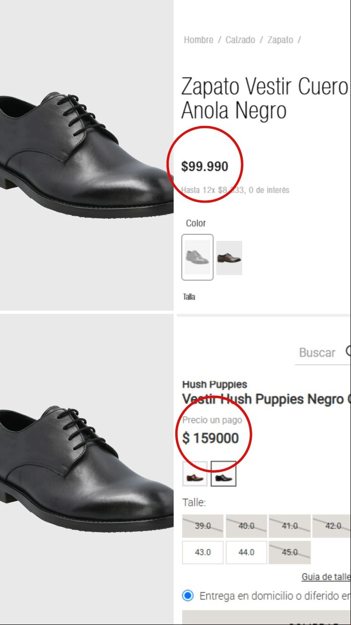 En Hush Puppies, unos zapatos que en Chile cuestan $ 129.870, en Argentina están $ 159.000.