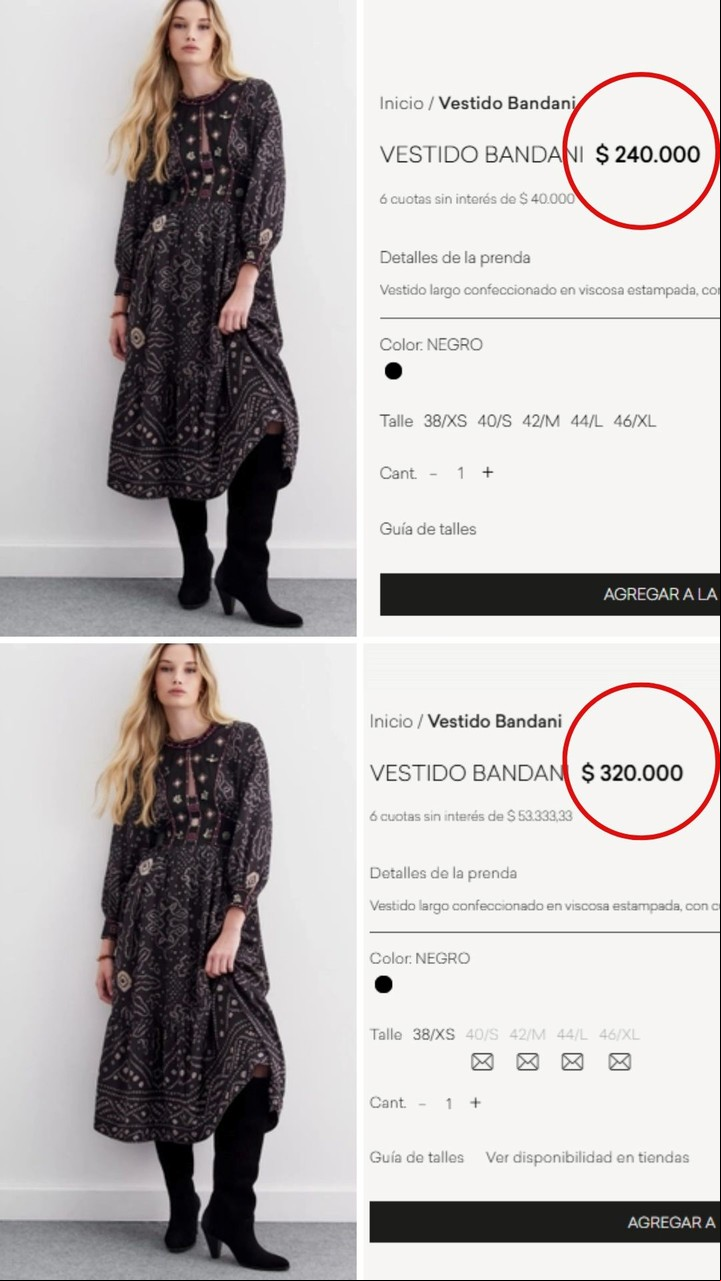 En Rapsodia, un vestido de mujer cuesta $ 312.000 y en Argentina sale $ 320.000, $ 8.000 menos.