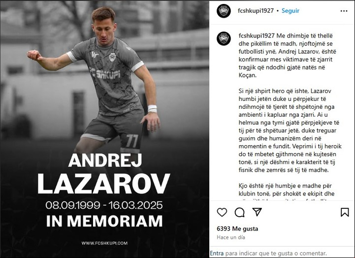 El FK Shupki describió la muerte de Lazarov como "una de las mayores tragedias de la historia que se ha apoderado del club". Foto: Archivo.