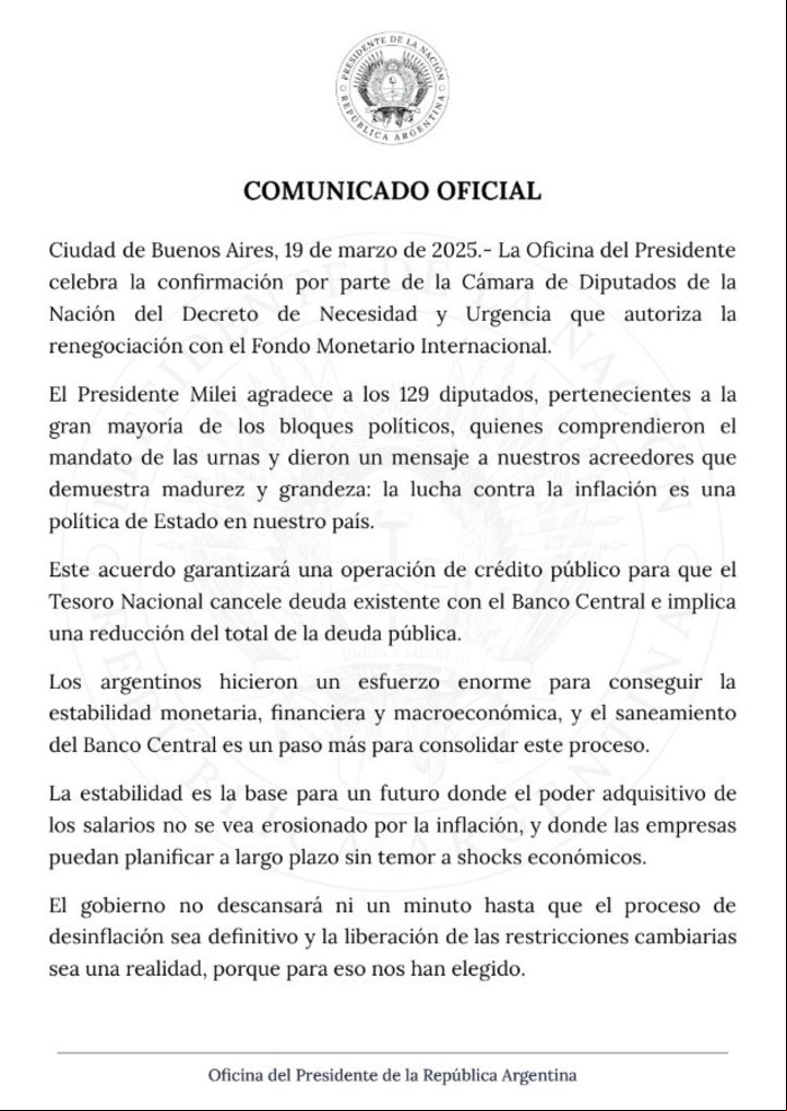 El comunicado de la Oficina del Presidente tras la aprobación del DNU que avala el acuerdo con el FMI.