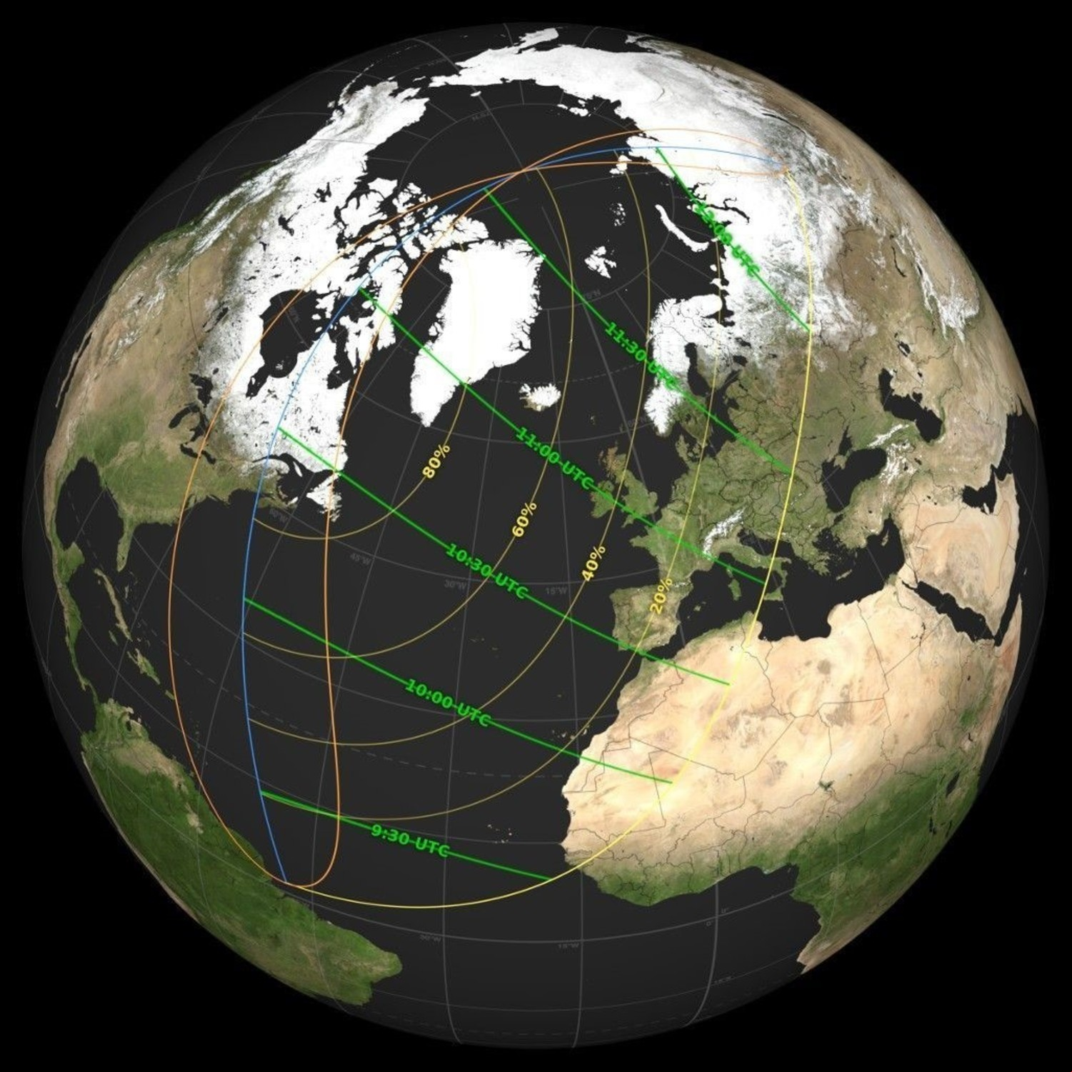 El mapa que muestra dónde se podrá ver el eclipse solar del 29 de marzo de 2025. Foto: Estudio de visualización científica de la NASA