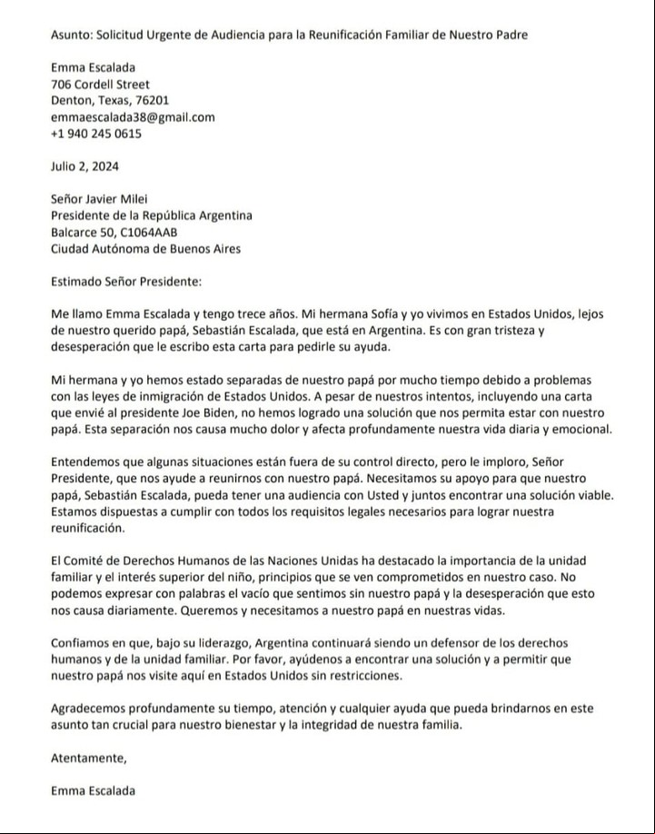 La carta que Emma, la hija de Escalada, le escribió al presidente Milei suplicándole que haga algo para volver a ver a su padre.