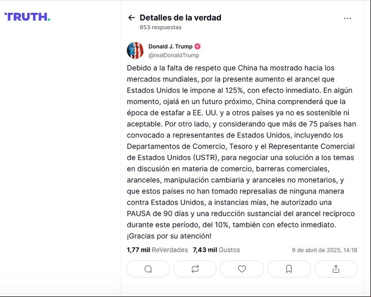 El mensaje de Donald Trump en la red social Truth.