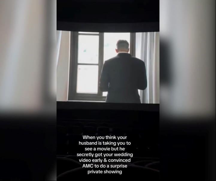 El matrimonio se quedó viendo el video de su casamiento en el cine. Foto: captura de video/TikTok @lexlax15.
