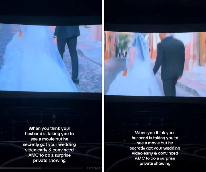 Escenas de su boda, proyectadas en la sala de cine. Foto: captura de video/TikTok @lexlax15.
