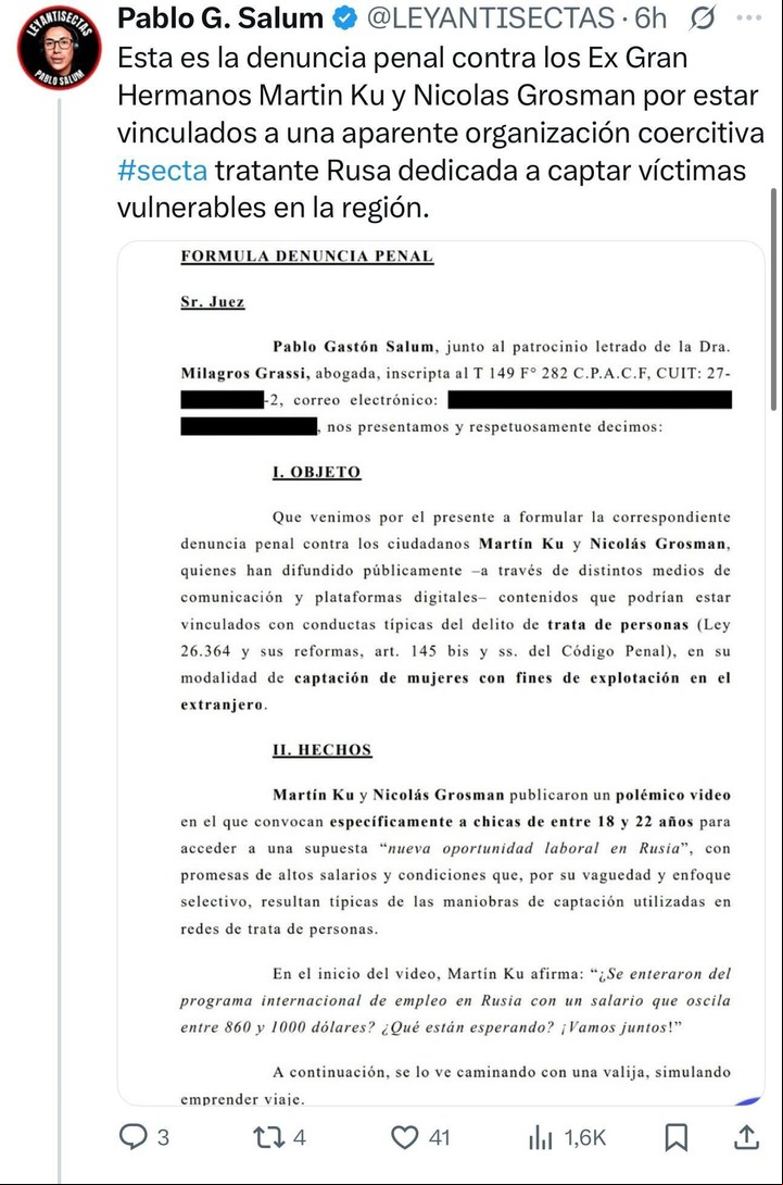La denuncia de Pablo Salum contra Martín Ku y Nicolás Grosman. Foto: Captura X