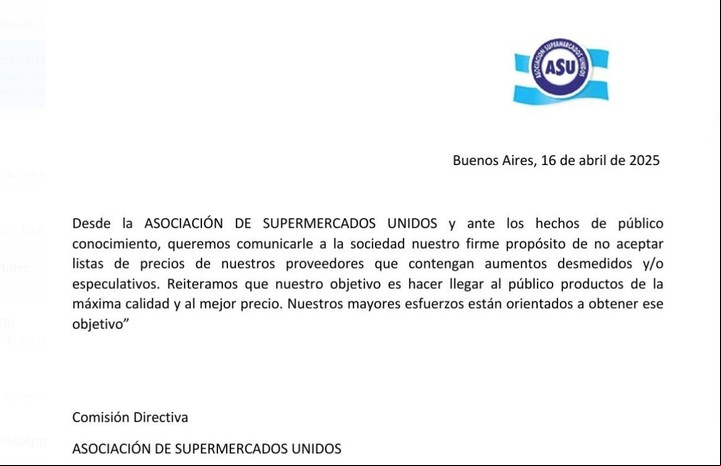 El comunicado de la Asociación de Supermercados Unidos por las listas de precios con subas.