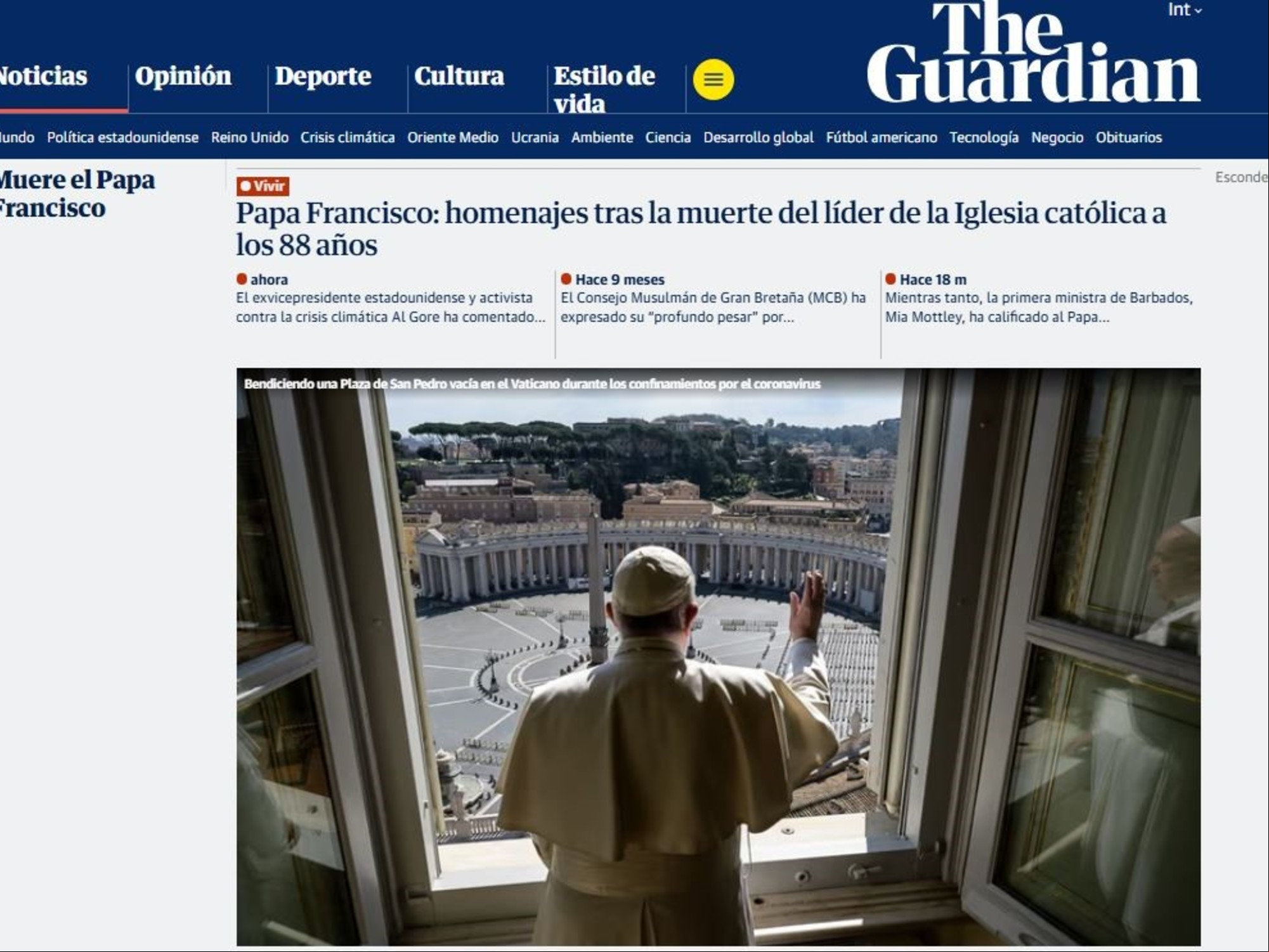 The Guardian fue uno de los primeros diarios en anunciar la muerte del Papa francisco.