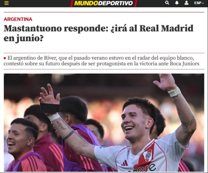 "Mundo Deportivo", otro medio que habla sobre el futuro del juvenil de 17 años, Franco Mastantuono.