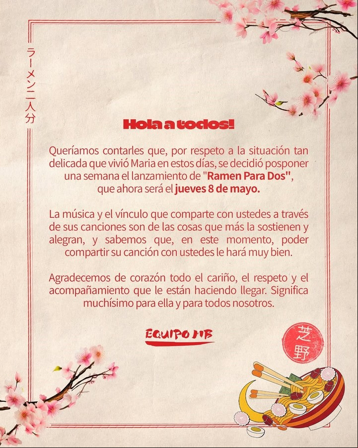 El comunicado del entorno de María Becerra. Foto: Instagram