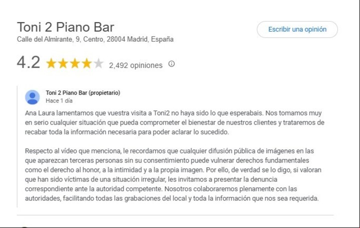 La respuesta del lado del bar luego de la reseña que le dejó Laura.