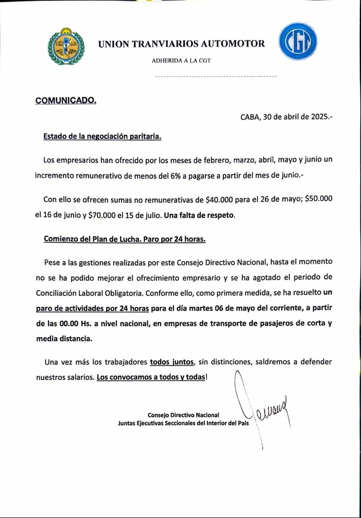 Comunicado de la UTA por el paro de colectivos