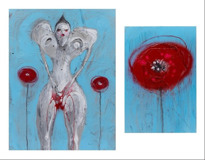 LA HERIDA. díptico del artista El Pelele. Acrílico y esmalte sobre plástico, 200 x 150 cm, 2025.