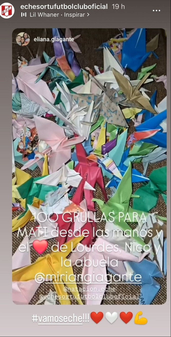 El club Echesortu organizó en principio la recolección de mil grullas de papel para acompañar a Matías en su recuperación. "Creo que habían llegado a 3.000", cuenta el entrenador.