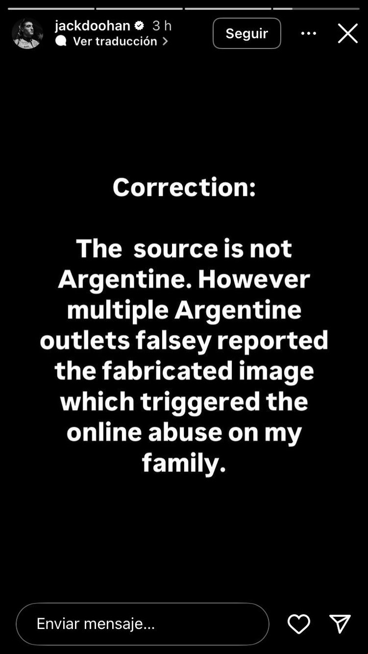 Doohan se corrigió y confirmó que la fuente original no fue argentina. Foto Instagram @doohanok