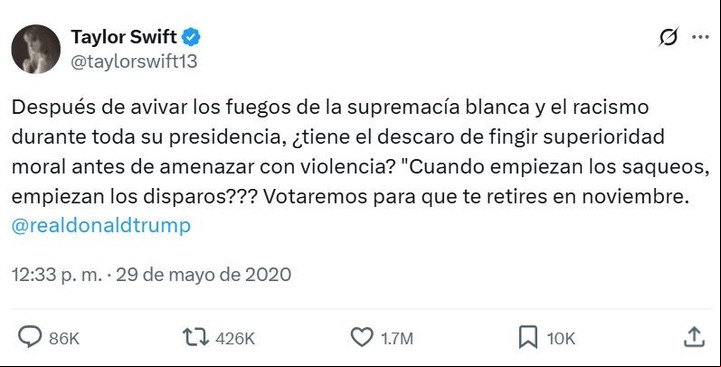 Taylor Swift apuntó contra Donald Trump en medio de las protestas por el asesinado de George Floyd.