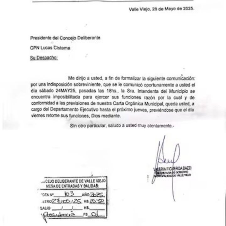 El comunicado oficial escrito por la secretaria de Susana Zenteno en el que se indicaba que la intendenta padecía una "indisposición sobreviniente".